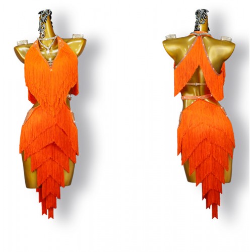 Custom size orange fringe competition latin dance dresses with diamond for women girls tassels salsa chacha dance skirts ballroom dancing costumes for female